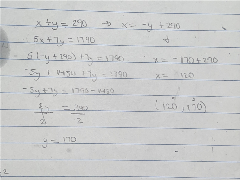 How to solve 5x + 7y = 1790 and 1x + 1y = 290 algebraically-example-1