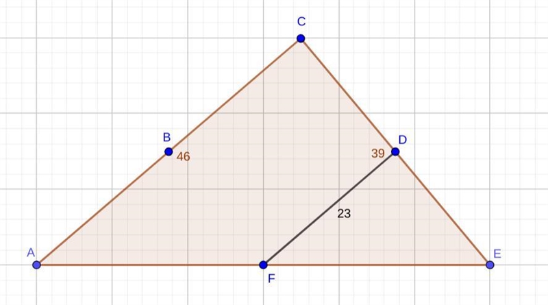 Points B, D, and F are midpoints of the sides of triangle ACE. EC = 39 and DF = 23. Find-example-1