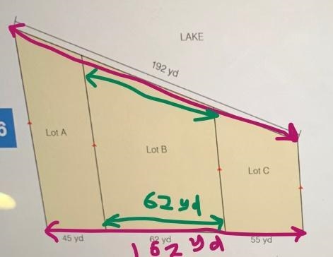 The real estate term lake frontage refers to the distance along the edge of a piece-example-1