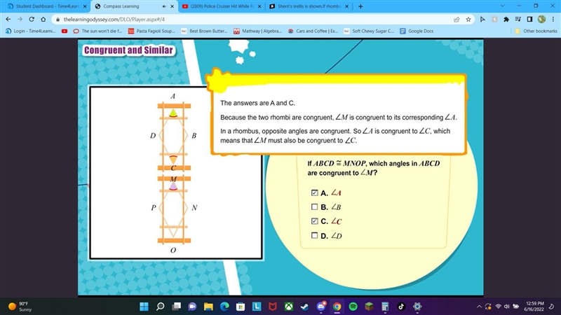 Sherri’s trellis is shown. If rhombus ABCD and rhombus MNOP are ≅ rhombi, which angles-example-1