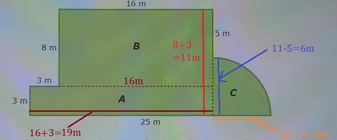 Why the rectangle below is 19 meters wideHow to get that?What is the area of this-example-1