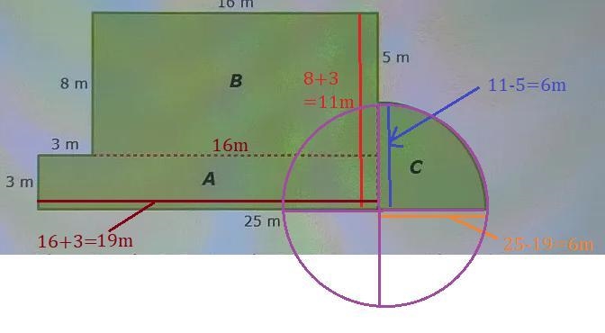 Why the rectangle below is 19 meters wideHow to get that?What is the area of this-example-2