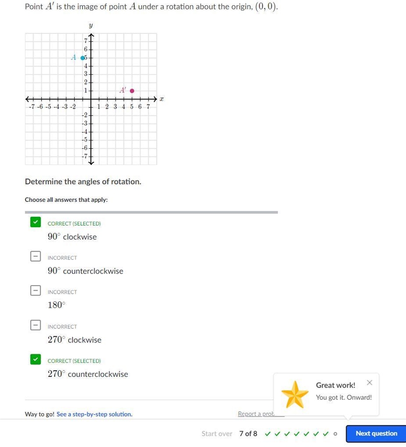 Point A’ is the image of point A under a rotation about the origin, (0,0). Determine-example-1