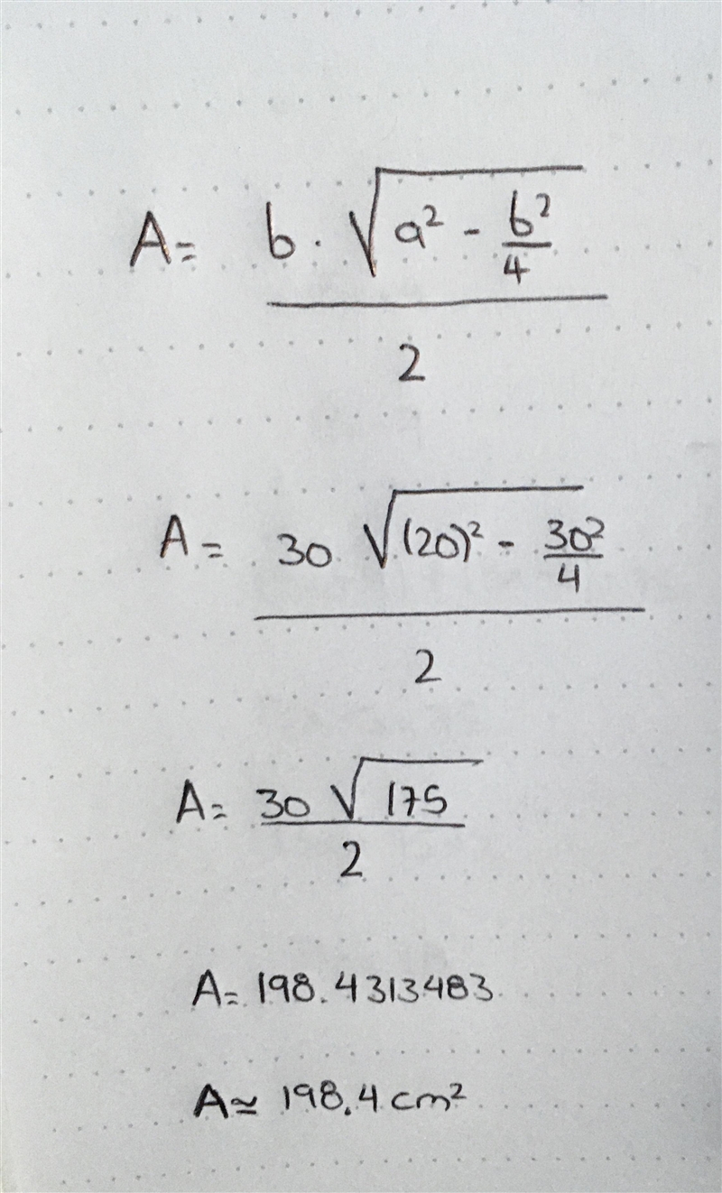 The base of an isosceles triangle is 30 cm and each of it's equal sides is 20 cm . find-example-1