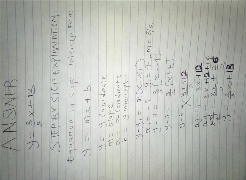 A line passes through (-4, 7) and has a slope of 3/2 Write an equation in slope intercept-example-1