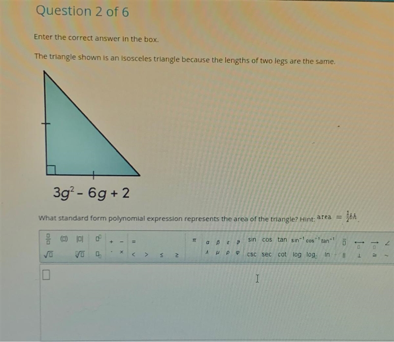 Enter the correct answer in the box.The triangle shown is an isosceles triangle because-example-1