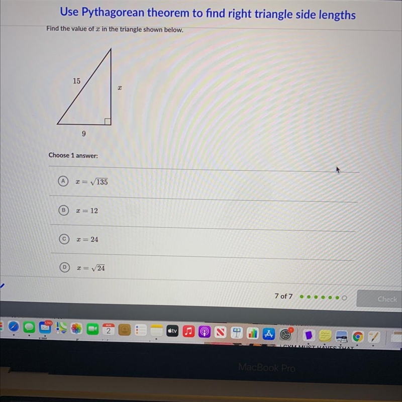 Use Pythagorean theorem to find right tFind the value of x in the triangle shown below-example-1