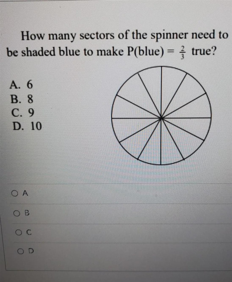 How many sectors of the spinner need to be shared blue to make P(blue)-example-1