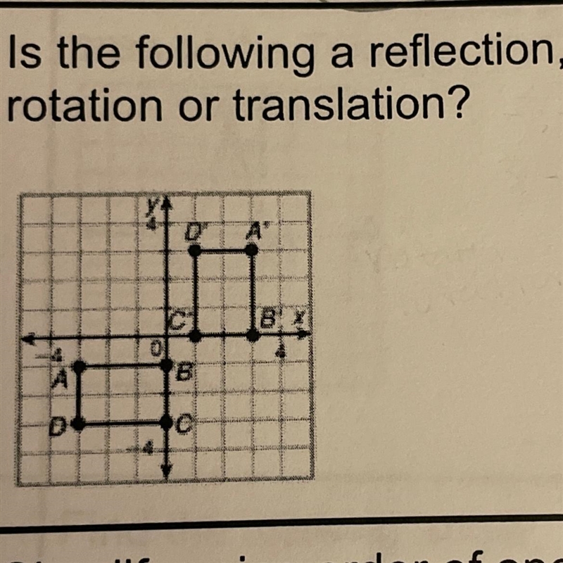 Is the following a reflection, rotation or translation?-example-1