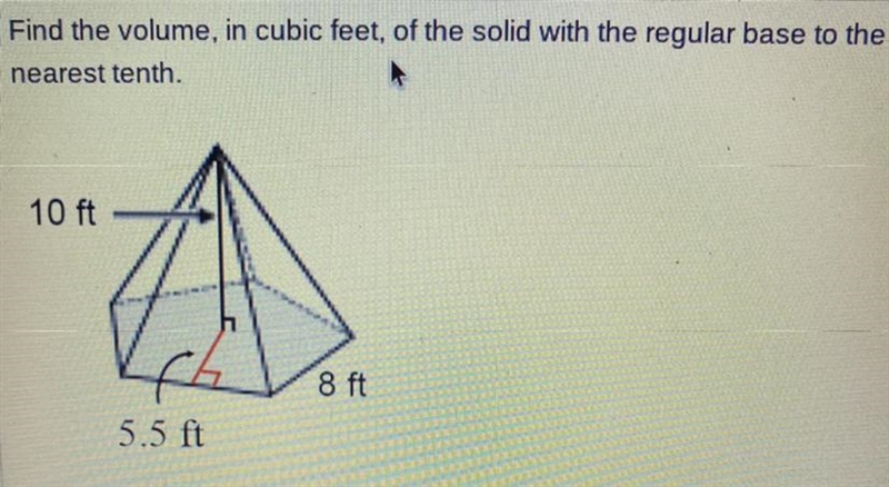 Find the volume, in cubic feet, of the solid with the regular base to the nearest-example-1