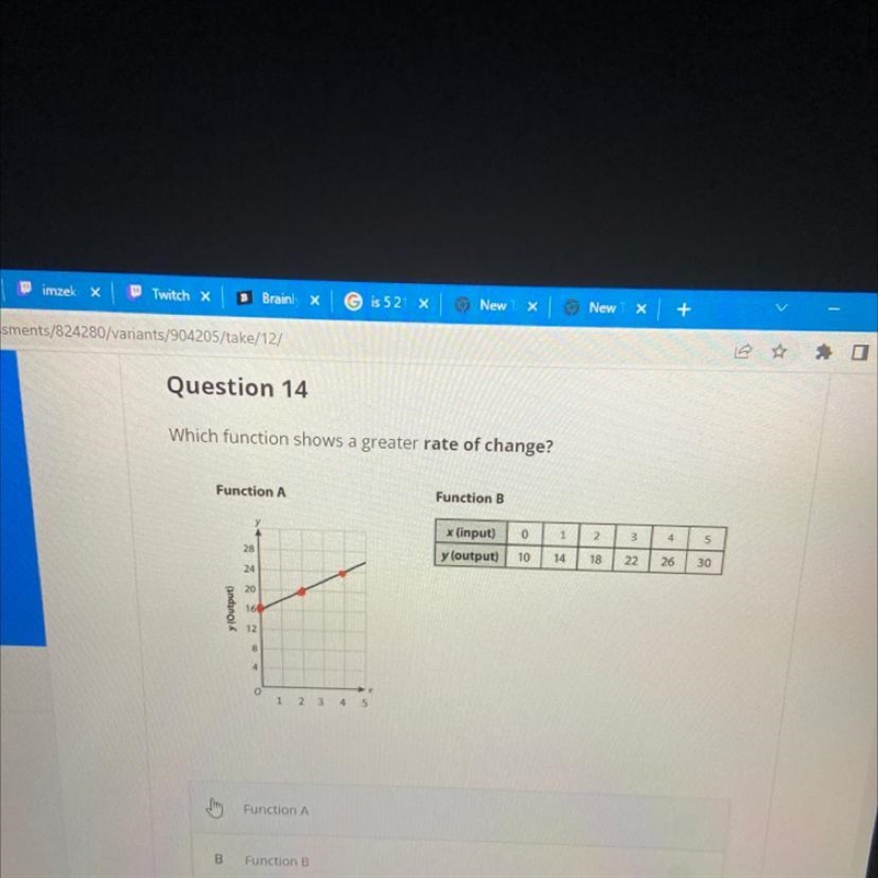 Which function shows a greater rate of change? Function A y (Output) 28 24 20 16 12 00 8 4 1 2 3 4 5 Function-example-1