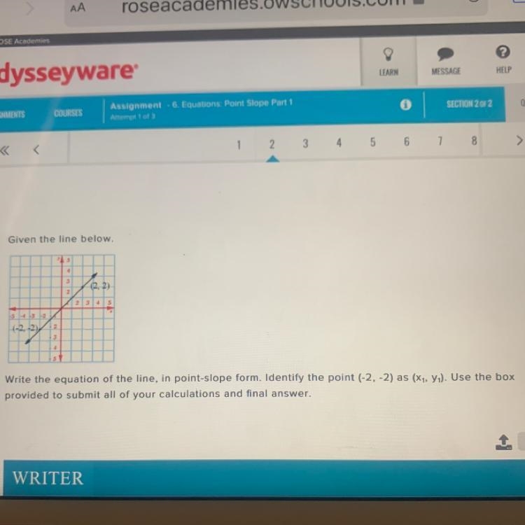 Given the line below.754(2.2)23455432(-2,-2) 234Write the equation of the line, in-example-1