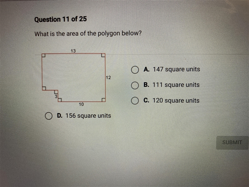 What is the area of the polygon below? A. 147 square units B. 111 square units C. 120 square-example-1