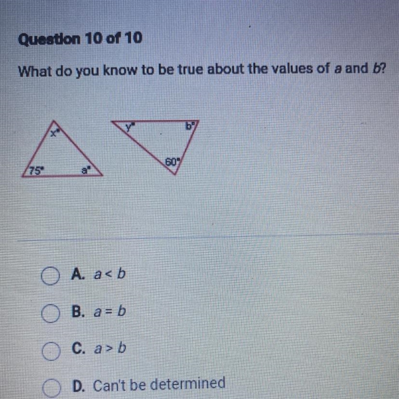 What do you know to be true about the values of a and b?bº775aA. abD. Can't be determined-example-1