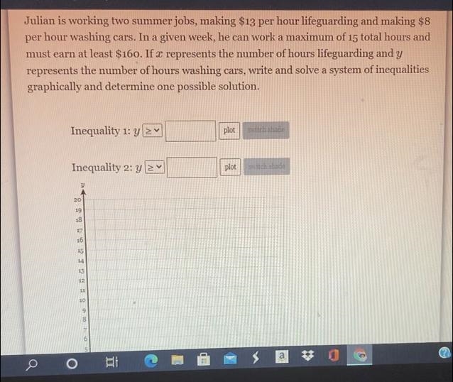 Write and solve a system of inequalities graphically and determine one possible solution-example-1