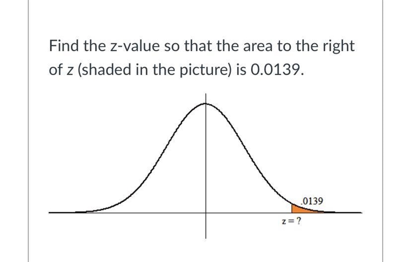 Find the z-value so that the area to the right of z (shaded in the picture) is 0.0139.-example-1