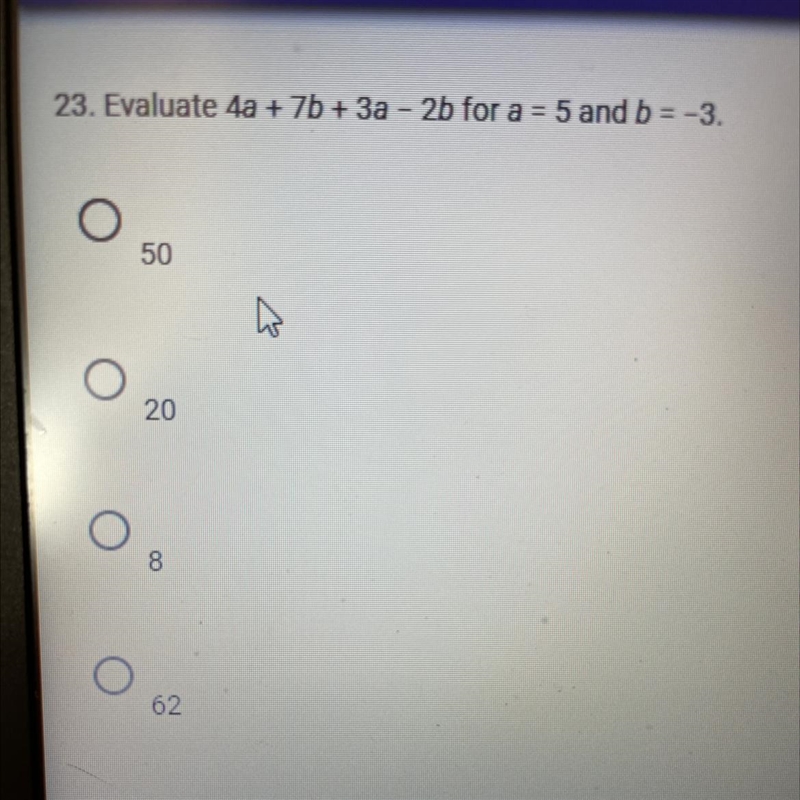 Evaluate 4a+7b+3a-2b for a =5 and b=-3-example-1