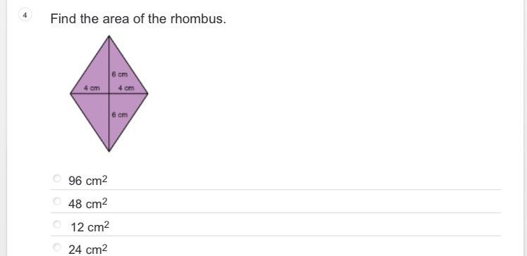 Find the area of the rhombus.-example-1