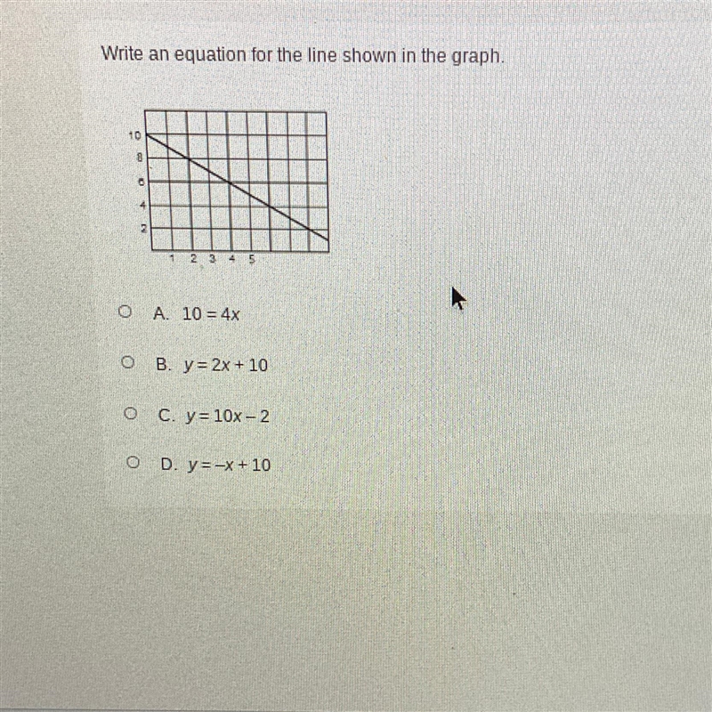 Write an equation for the line shown in the graph. 0 2345 A 10 = 4x B. y = 2x + 10 C-example-1