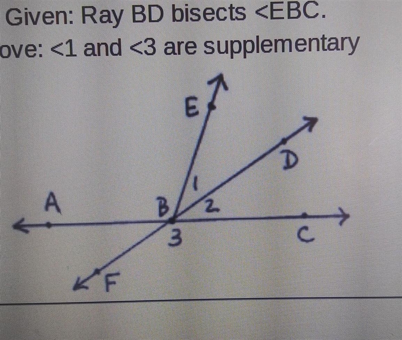 Given: Ray BD bisects prove: <1 and <3 are supplementary-example-1