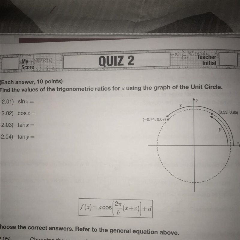 Find the values of the trigonometric ratios for x using the graph of the Unit Circle-example-1