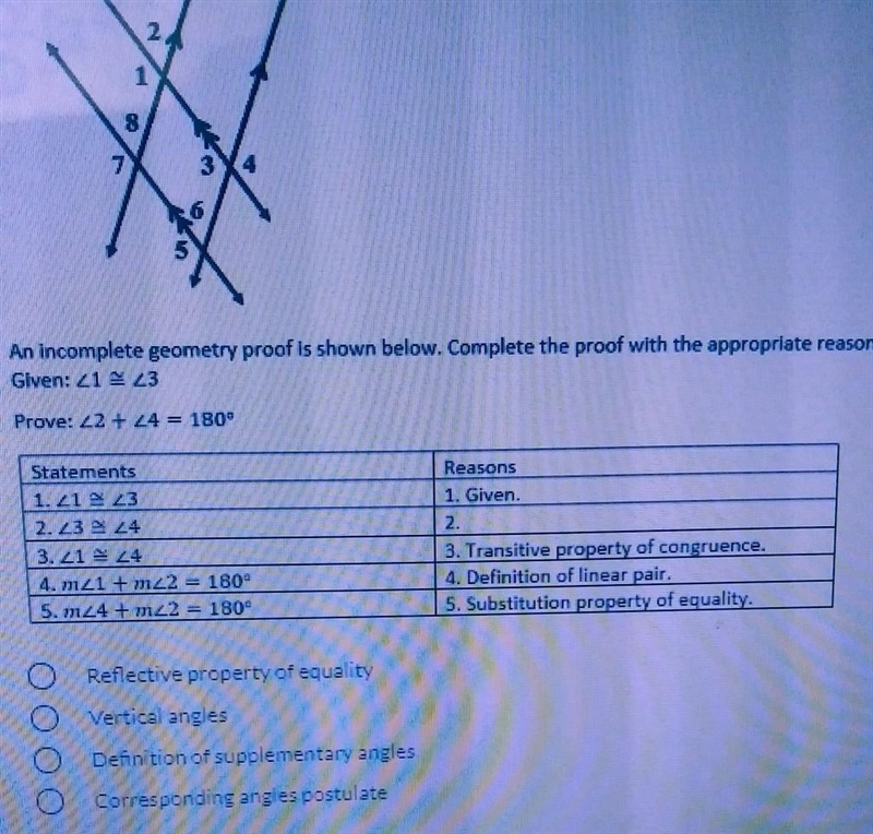 And incomplete geometry proof is shown below complete the proof with the appropriate-example-1