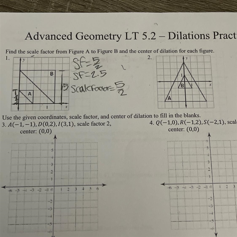 Find the scale factor from Figure A to Figure B and the center of dilation for each-example-1