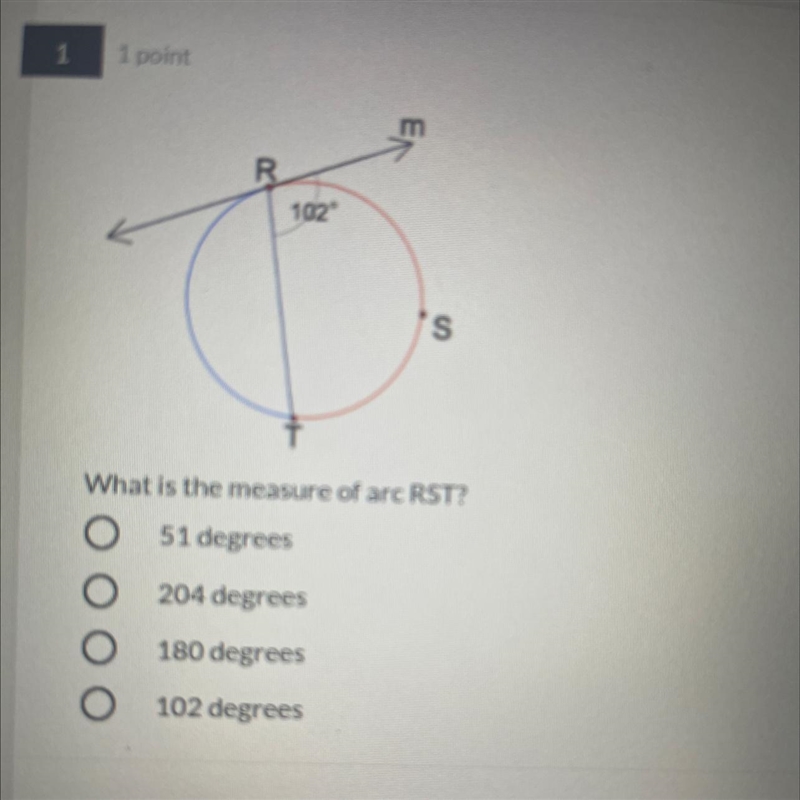 What is the measure of arc RST?51 degrees204 degrees180 degrees102 degrees-example-1