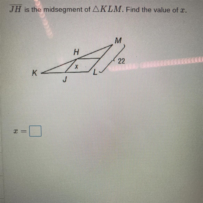 JH is the midsegment of KLM. Find the value of x.-example-1