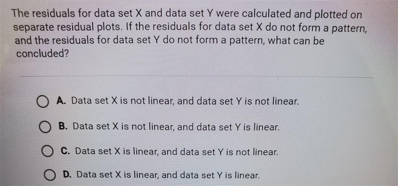 the residuals for sata set X and data set Y were calculated and plotted on separate-example-1