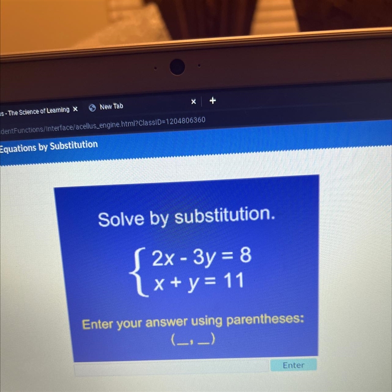 Solve by substitution. 2x - 3y = 8 x+y=11 Enter your answer using parentheses: _,_)-example-1