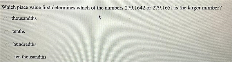 Which place value first determines which of the numbers 279.1642 or 279.1651 is the-example-1