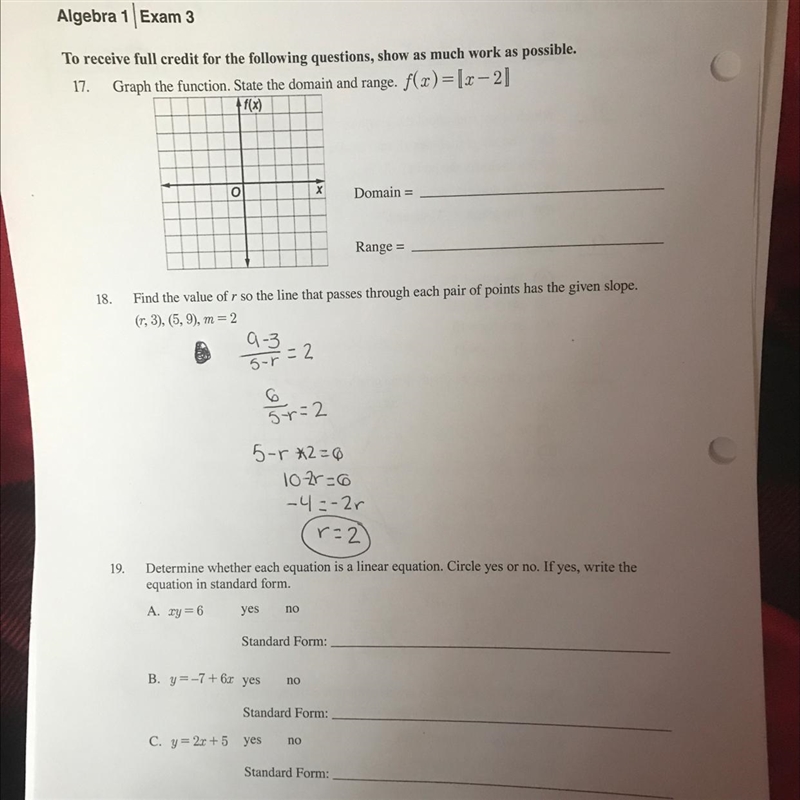 17.graph the function. state the domain and range f(x) =[x-2]19. determine wether-example-1