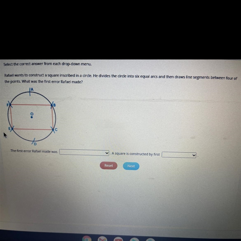 Rafael wants to construct a square inscribed in a circle. He divides the circle into-example-1