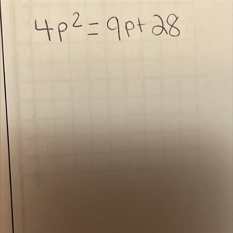 Solve the quadratic function and simplify if needed of course pls 4p2=9p+28-example-1