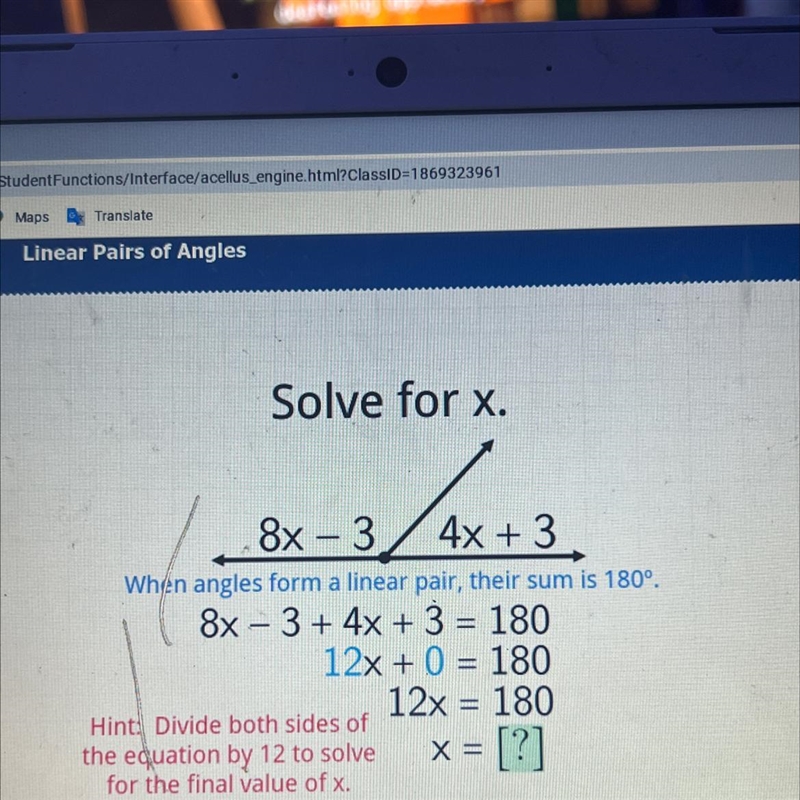 Solve for x.&X-3 / 4X+3.--8x 4xWhen angles form a linear pair, their sum is 180°.8x-example-1