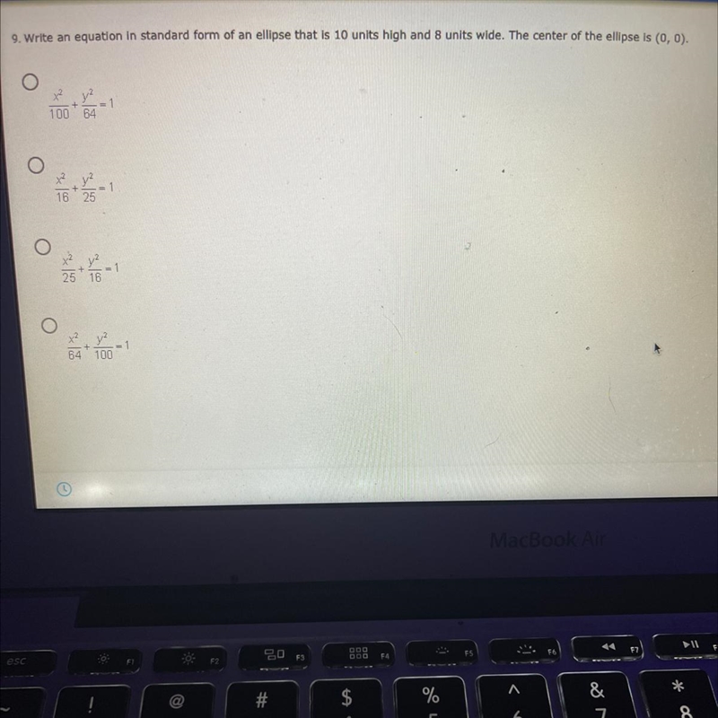 9. Write an equation in standard form of an ellipse that is 10 units high and 8 units-example-1