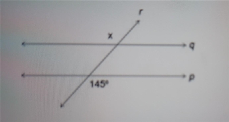 In the given figure x = 145°. What theorem can be used to prove the lines p and q-example-1