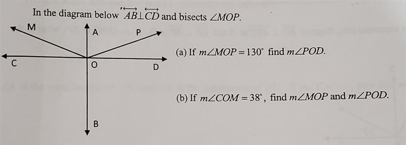 In the diagram below AB⊥CD and bisects ∠MOP.(a) If m∠MOP=130° find m∠POD.(b) If m-example-1