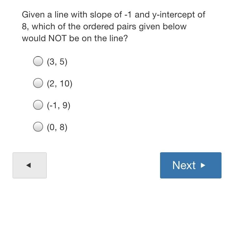 Given a line with slope of -1 and y-intercept of 8, which of the ordered pairs given-example-1