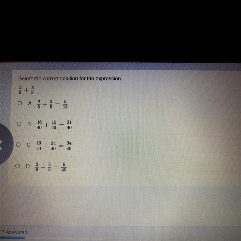 Select the correct solution for the expression2 35+8locΟ Α.3OTIN+o loc=513coloO15В-example-1