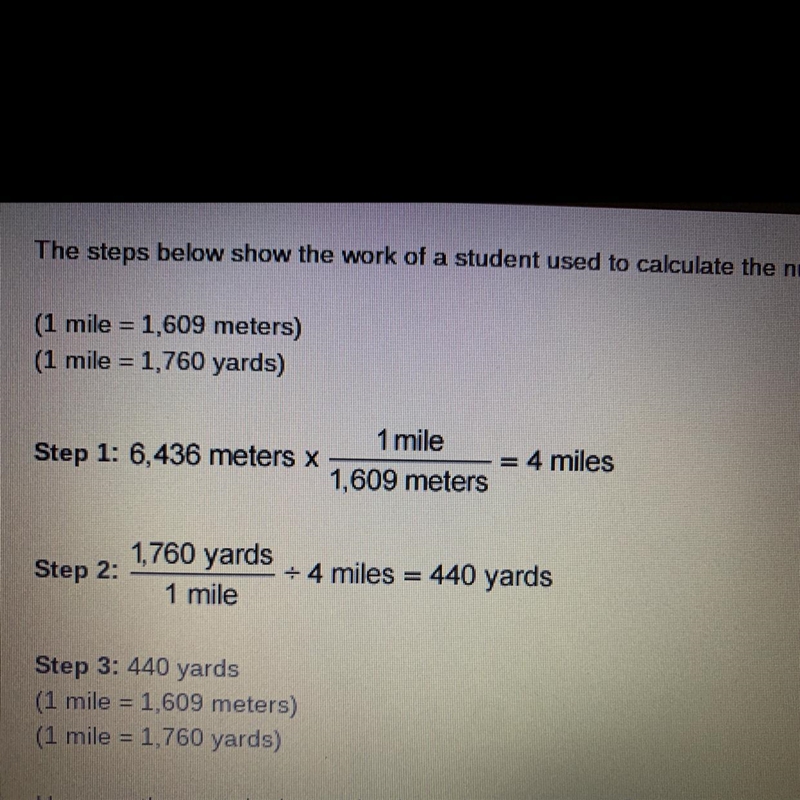 The steps below show the work of a student used to calculate the number of yards in-example-1