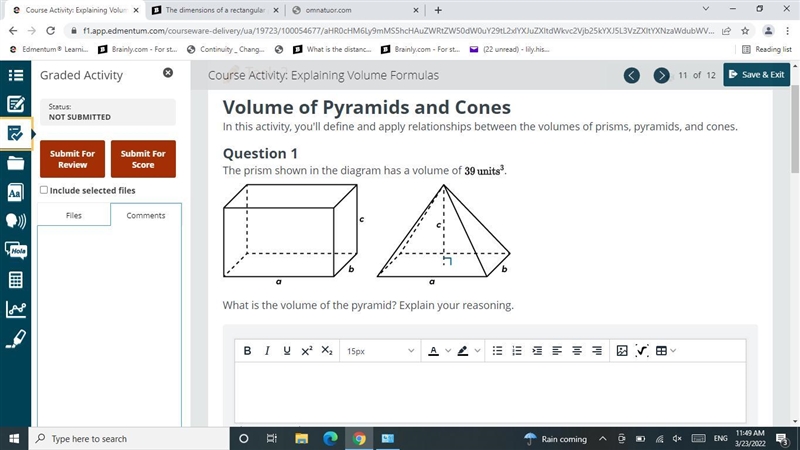 The prism shown in the diagram has a volume of .A cube and a prism.What is the volume-example-1