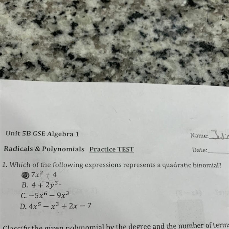 Which of the following expressions represents a quadratic binomial?-example-1