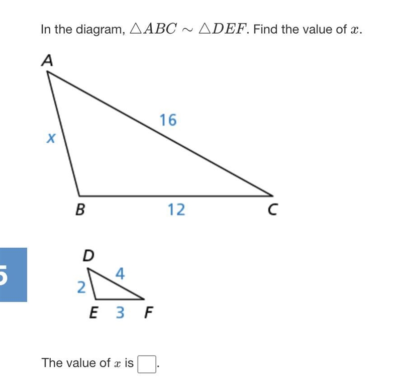 In the diagram, △ABC∼△DEF. Find the value of x.-example-1