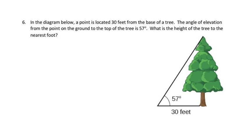 In the diagram below, a point is located 30 feet from the base of a tree. The angle-example-1