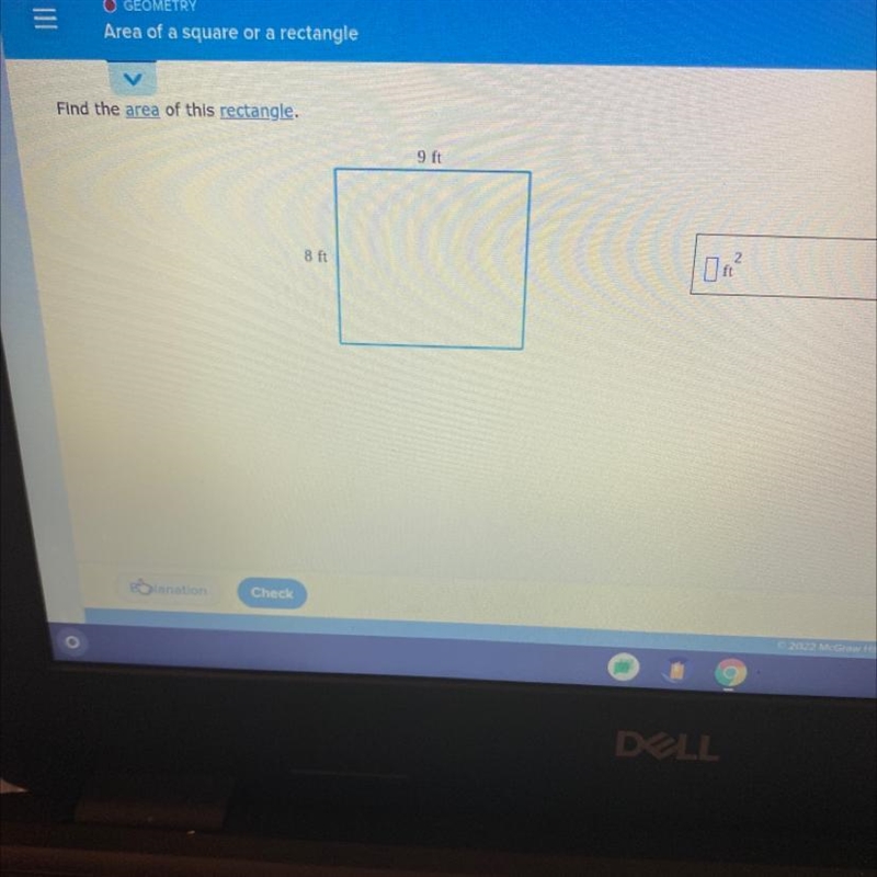 O GEOMETRYArea of a square or a rectangleFind the area of this rectangle.9 ft8 ftх-example-1