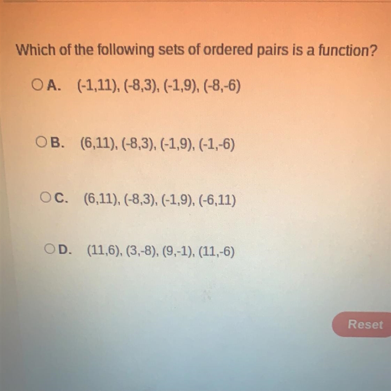 Which of the following sets of ordered pairs is a function? Pls look at picture and-example-1