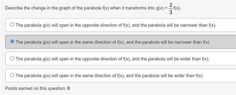 Describe the change in the graph of the parabola f(x) when it transforms into g(x-example-1