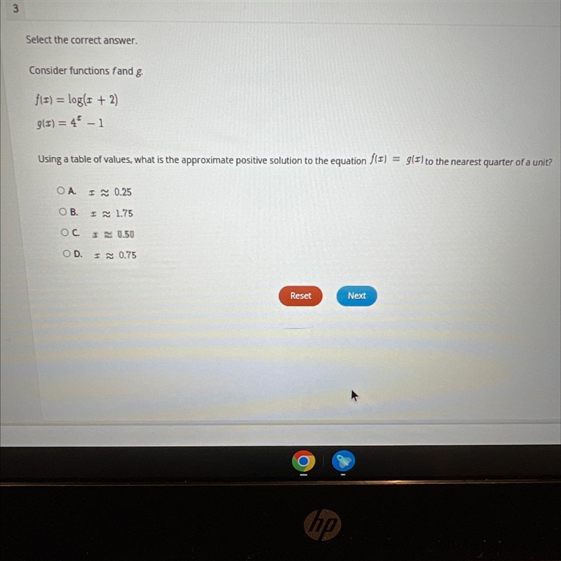 Using a table of values, what is the approximate positive solution to the equation-example-1